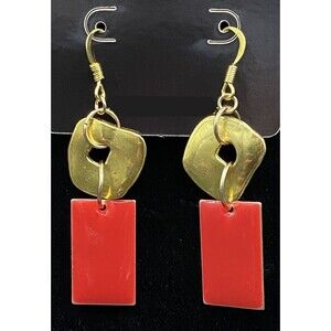 Handmade Abstract Square with Red Enamel Rectangle Earrings by Neanie-Bot